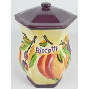 Nonni's Biscotti Ceramic Cookie Jar Hand Painted Fruit Canister Purple